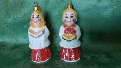 Radko Pair ~ Boy & Girl Choir Bell Ornaments ~ Ceramic ~ Glitter ~ Luster Glaze