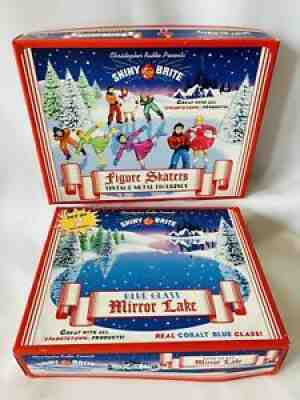 Radko Shiny Brite 8 Metal Figure Skaters & Blue Glass Mirror Lake Set New NOS