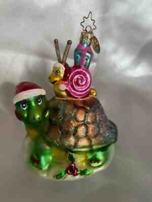 Vtg Retired Radko Blown Glass Turtle Express Little Gems Christmas Ornament