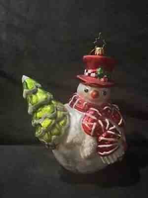 Christopher Radko Red and White Snowman with Green Tree Ornament