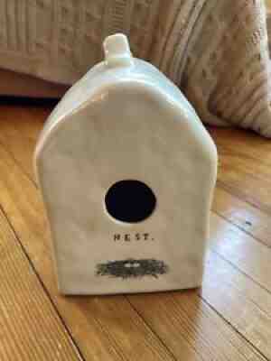vintage Rae Dunn birdhouse with dimples, rounded edges, and unique placed handle