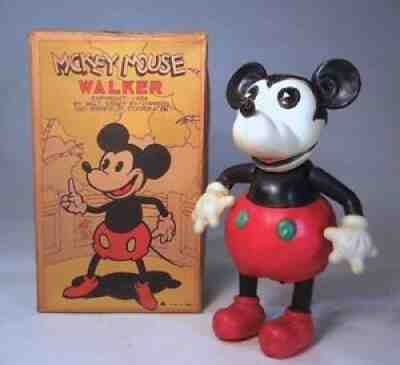 Celluloid Mickey Mouse Walker - RARE VERSION BOX Geo Borgfeldt 1934