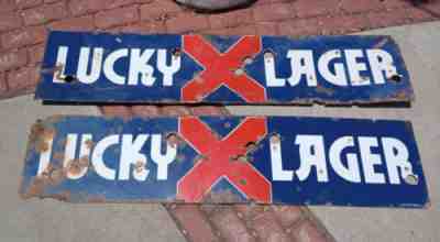 (2) ULTRA RARE 1950'S LUCKY LAGER NEON BEER PORCELAIN SIGNS. 14 X 60