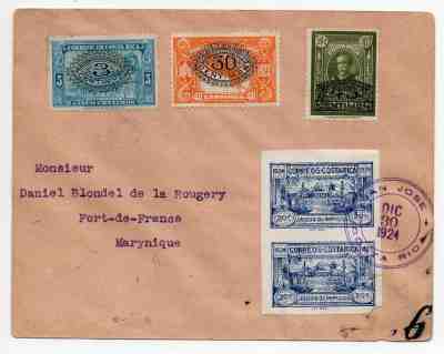 1924 COSTA RICA TO MARTINIQUE COVER, RARE IMPERF OLYMPIC STAMPS, UNQUE