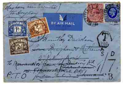 1937 GB to China Airmail Cover / Returned / Taxed / Postgae Dues x 2.