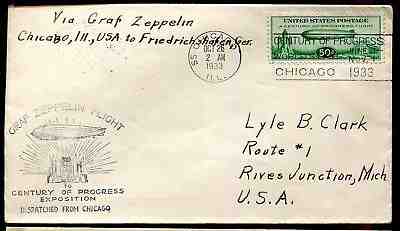 US C18 "Baby Zepp" FDC Zeppelin Flight Century of Progress Chicago