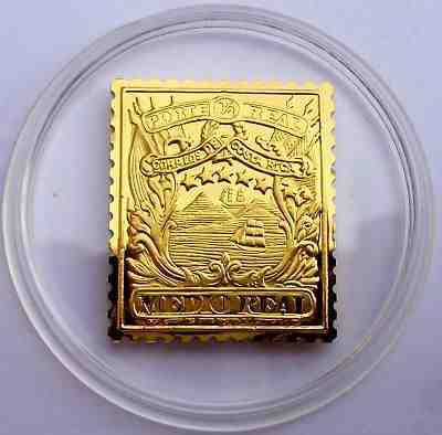 Costa Rica 1/2 Real Stamp 1863 24 K Gold Plated on Silver Proof Rare !