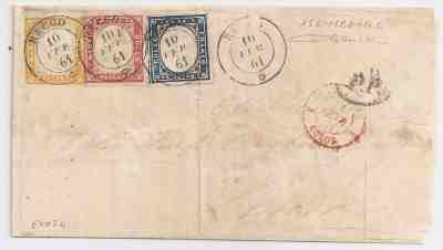 1861 ITALY SARDINIA TO PERU COVER, 3 COLORS FRANKING, CV $6600.00