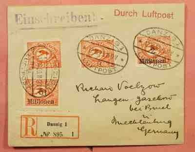 1923 DANZIG INFLATION OVERPRINTS #C22-25 ON REGISTERED AIRMAIL TO GERMANY 
