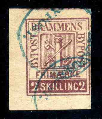 Norway Local post 1869 DRAMMEN # 5b,  2 SKILLING, rouletted, used but no date