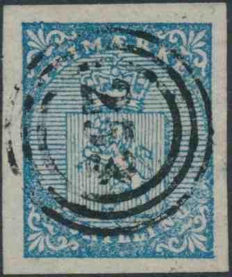 NORWAY - 1855 4 Skilling blue Lion Coat of Arms, used – has a '253' numeral canc