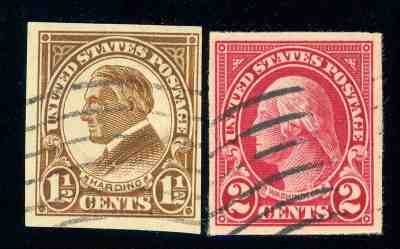 US SC# 576-577 Used imperforate stamps, 1.5 cent Harding and 2 cent Washington