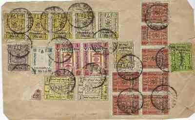 Mongolia large piece with 1920s issues in multi franking, one stamp missing