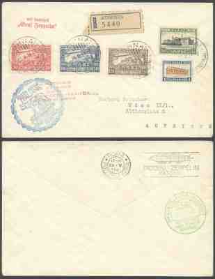 Greece 1933 - Zeppelin Flight Registered air mail cover to Vienna Austria MD54