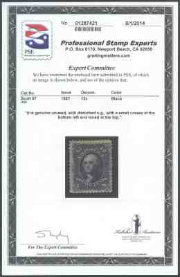 USA 1867 - Sc # 97 - MH Stamp + Certificate D5