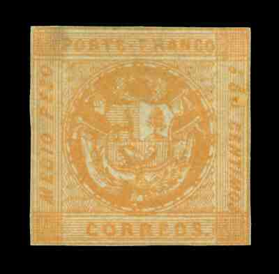 PERU 1858  Coat of Arms  ½ Peso buff  Scott # 6  mint MH -  Rare