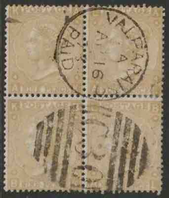 SG 110 9d Plate 4 block of 4 ULTRA RARE! GB used abroad in VALPARAISO CHILE C30