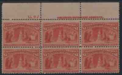 #241 Plate Block of 6, Wide Top - The Only Top I Have Ever Seen (GD 4/10)