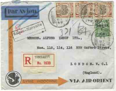 China 1932 registered Yunnanfu to London airmail via Hokow & Hanoi