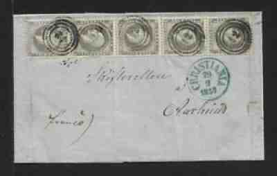 NORWAY 3 skilling FANTASTIC STRIP OF 5 COVER 1857 TO DENMARK EXHIBITION ITEM