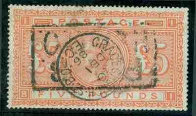 SG 133 Â£5 orange from the blued paper period. Fine used with a neat box...