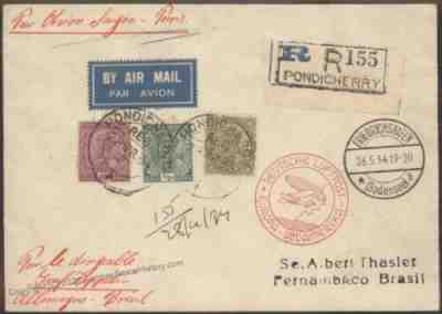 British India 1934 Zeppelin 1st SAF Mi362 Cover Pondicherry Vietnam Saigo 109245