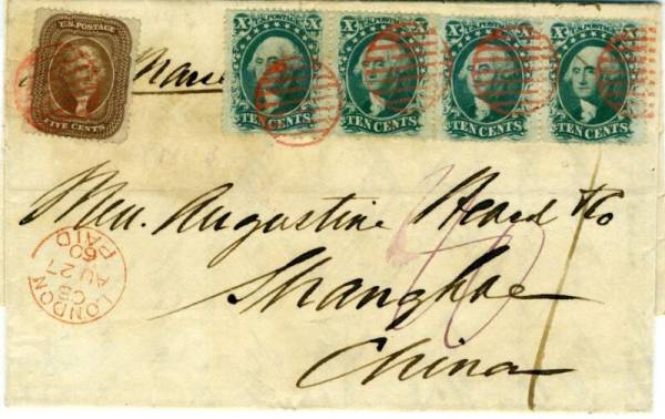 U.S. #30A and 2 pairs #35 on 1860 cover to Shanghai, China, choice centering, VF