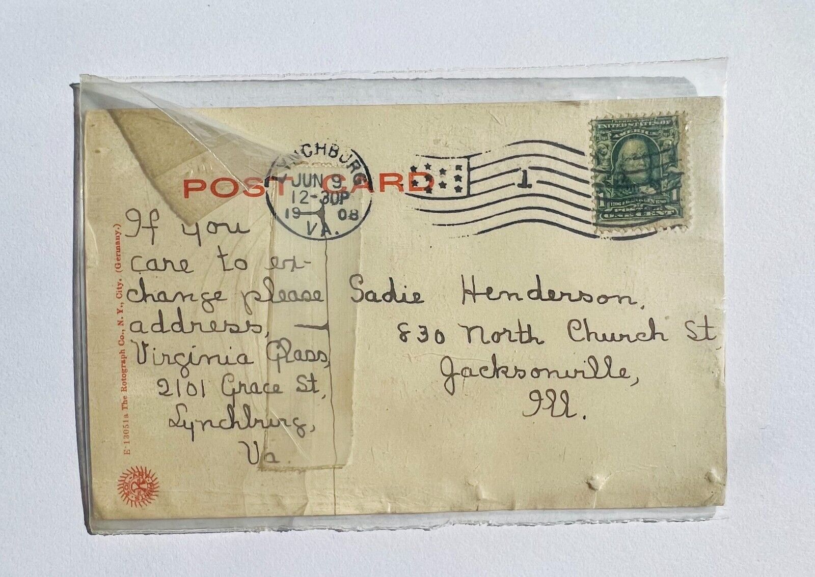 *EXTREMELY RARE* 1908 POSTCARD WITH BENJAMIN FRANKLIN 1 CENT GREEN STAMP