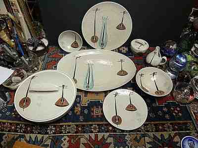 28 Pcs W/covered Casserole Chop Plate Red Wing China 'Lute Song' Hnd Pntd MCM