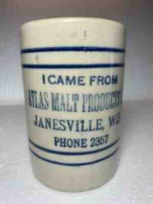 Redwing Stoneware Mug. Advertising Atlas Malt Products. Janesville Wisconsin