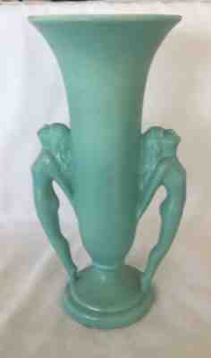 Beautiful Red Wing Athenian Nude tall Art Deco vase in turquoise, shape 568