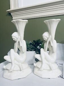 New ListingPair 1930s Red Wing RumRill Athenian Nude Woman On Turtle Candlesticks #576 Deco