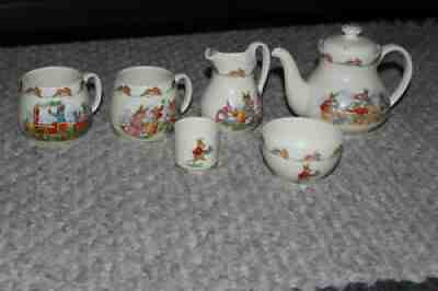 Royal Doulton Bunnykins Teapot, Creamer, 2 Cups, Bowl & Demitasse - New