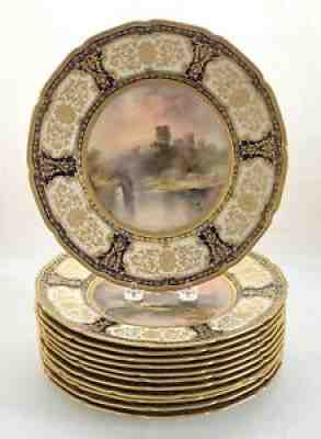 12 Antique Royal Doulton Cobalt Blue Percy Curnock Scenic Castle Dinner Plates