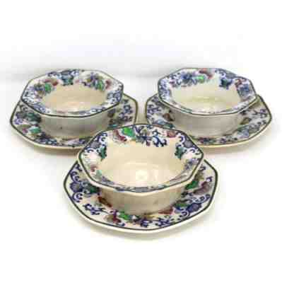 SET OF 3 DOULTON BURSLEM NANKIN 4" RIMMED CUSTARD BOWLS WITH SAUCERS