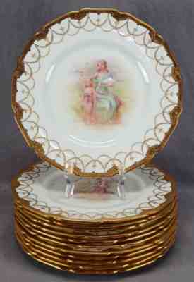 12 Royal Doulton Hand Painted A Dix Maiden & Child Raised Gold 10 3/8" Plates