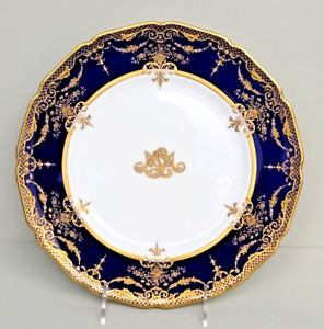 12 Antique Royal Doulton Dinner Plates Cobalt Blue Gold Encrusted 1907 10.5"