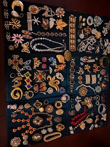 Huge (240)True Vintage Costume Jewelry Lot Rhinestone designer high end WOW