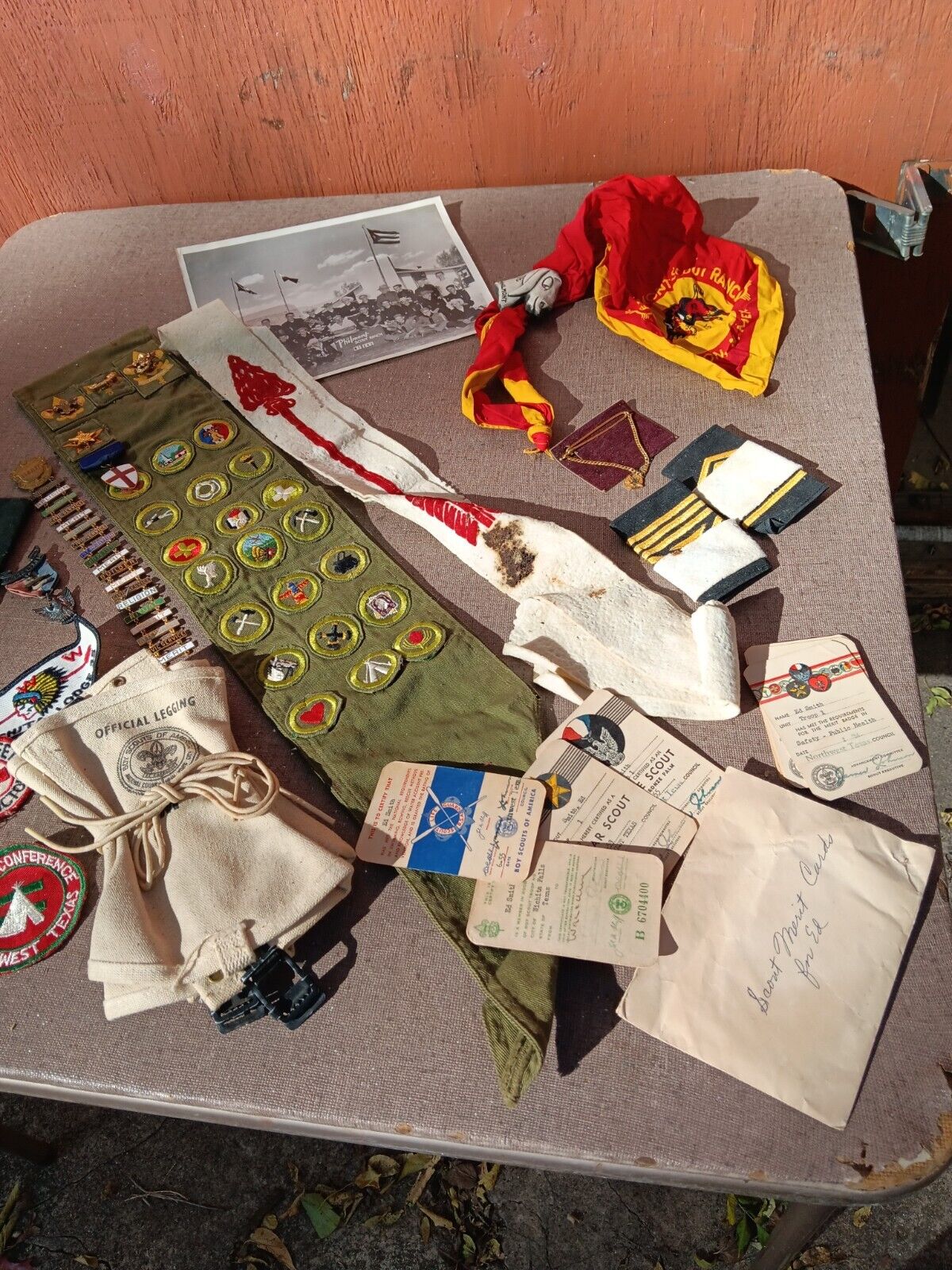 Boy Scout lot sterling eagle patch sash bars Philmont Arrow 1955  cards TEXAS