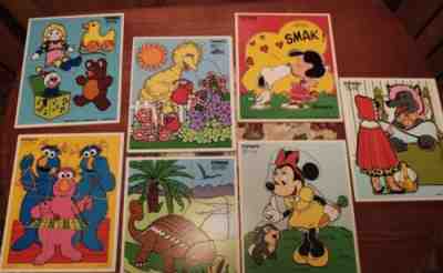 Playskool Vintage Lot Set of 7 Wooden Tray Puzzles Disney Sesame Street Peanuts