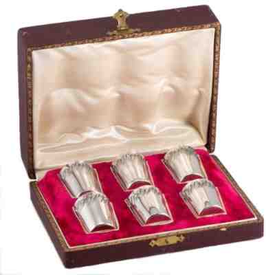 6PC ANTIQUE FRENCH STERLING SILVER LIQUOR VODKA CUP SET W/BOX ROCOCO VERMEIL 19C