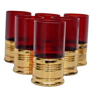 Trader Vic's Imperial Glass Red Gold Big Shot Shotgun Shell Tumbler Glasses S/6