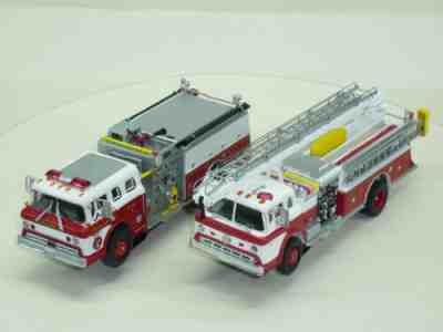 CUSTOM MATCHING PAIR HO TJET SLOTCAR TELESQUIRT FIRETRUCK PUMPER RED/WHITE!!!!!
