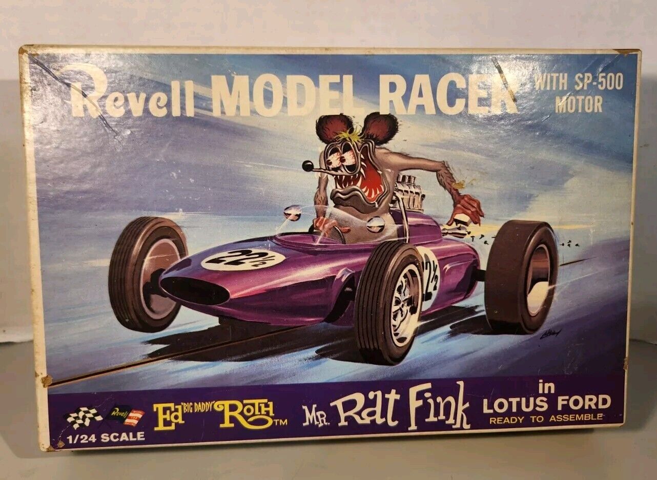 LOOK! 1964 REVELL ED ROTH RAT FINK IN FORD LOTUS G.P. RACER 1/24 SLOT CAR IN BOX