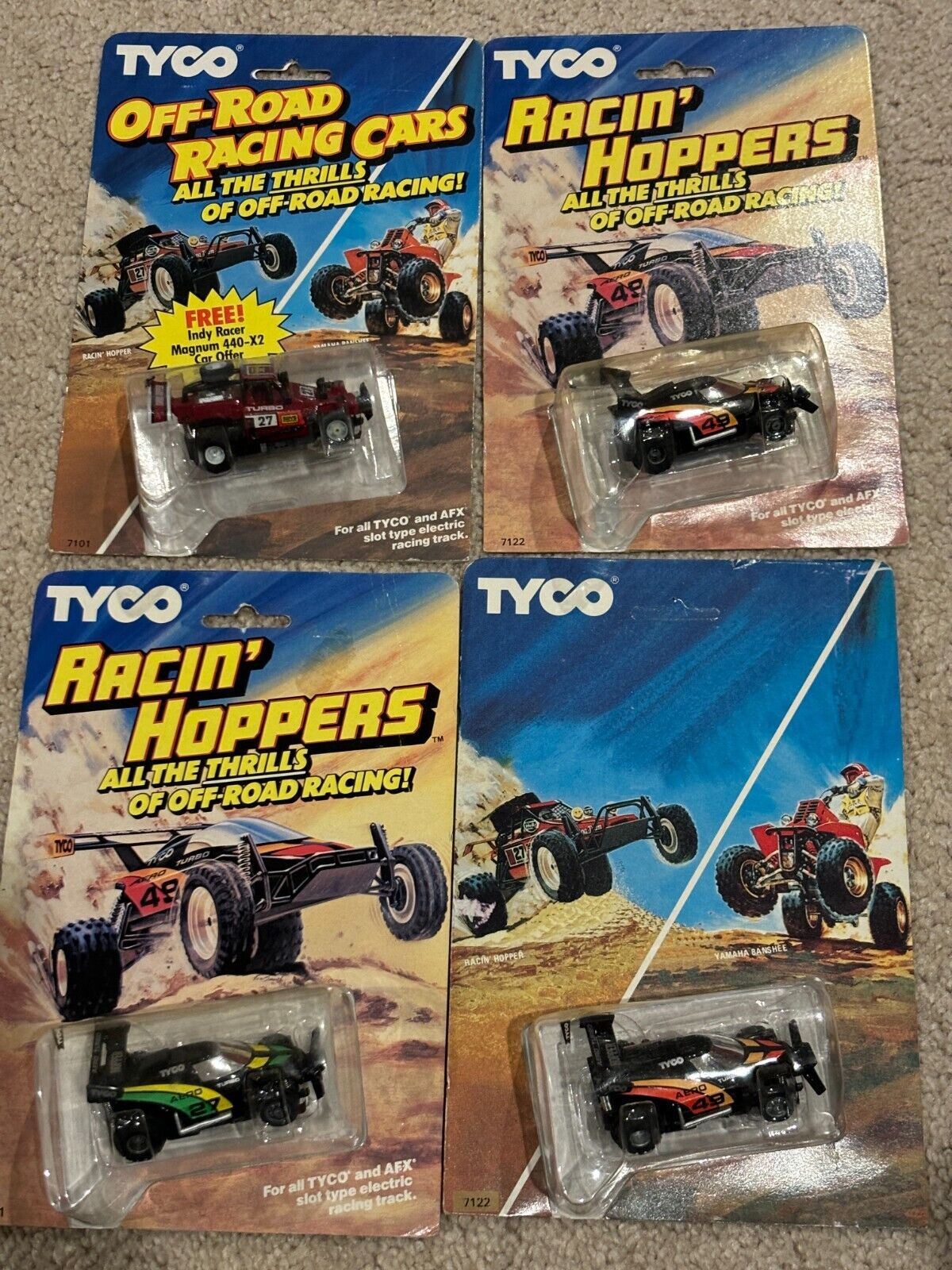 ALL FOUR TYCO RACIN’ HOPPERS + OFF ROAD RACERS MINT ON SEALED CARDS