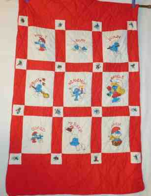 VTG 80's Homemade Smurfs Prayer Baby Blanket Quilt Hand Painted 34 x 52 OOAK