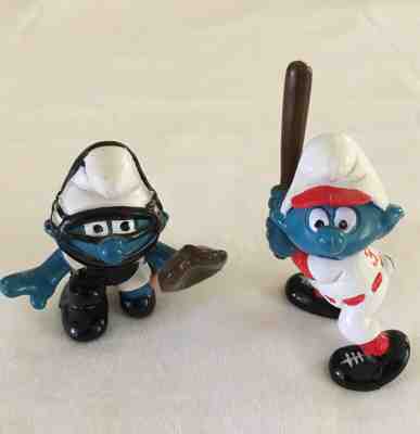 Vintage Baseball Smurfs Figures Lot of 2 Softball Players Sporty Smurf Peyo PVC