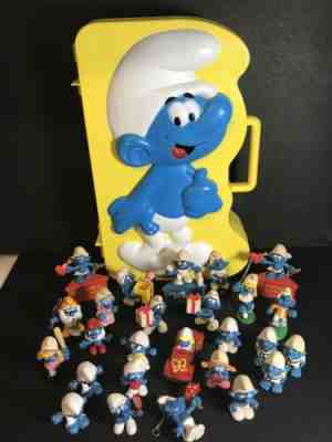 Vintage Smurfs Peyo Yellow Carrying Case With 21 PVC Figures And More!