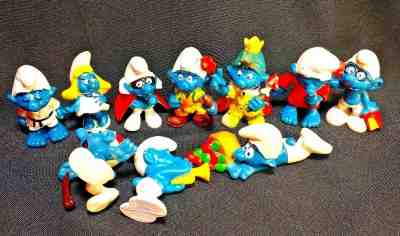  Peyo Schleich Vintage Lot 10 Smurfs Nerd King Trumpet Sleep Mini Figure EUC BK6