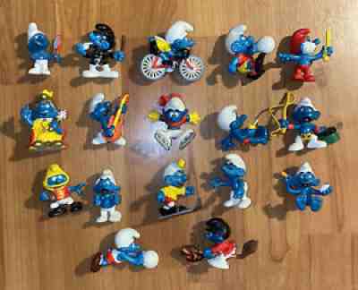 The Smurfs VINTAGE SCHLEICH PEYO FIGURE LOT Papa Football Ski Guitar Vanity Bike